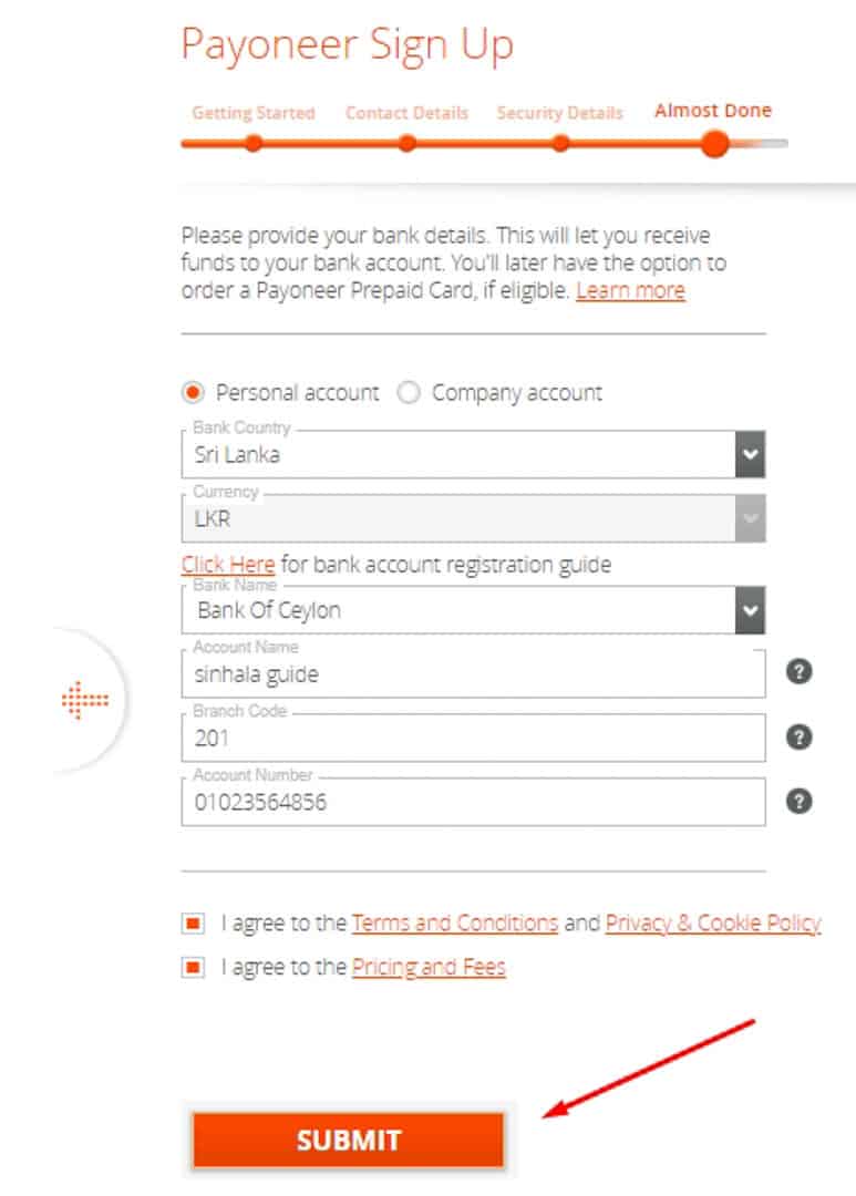 payoneer details form